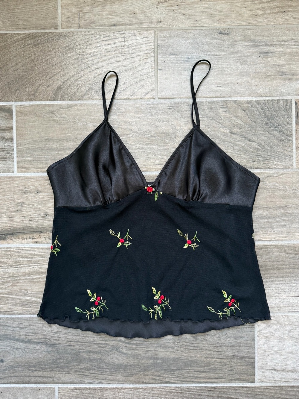 Vintage Amanda Stewart Intimates Embroidered Mesh Cami Black Lingerie Top L
